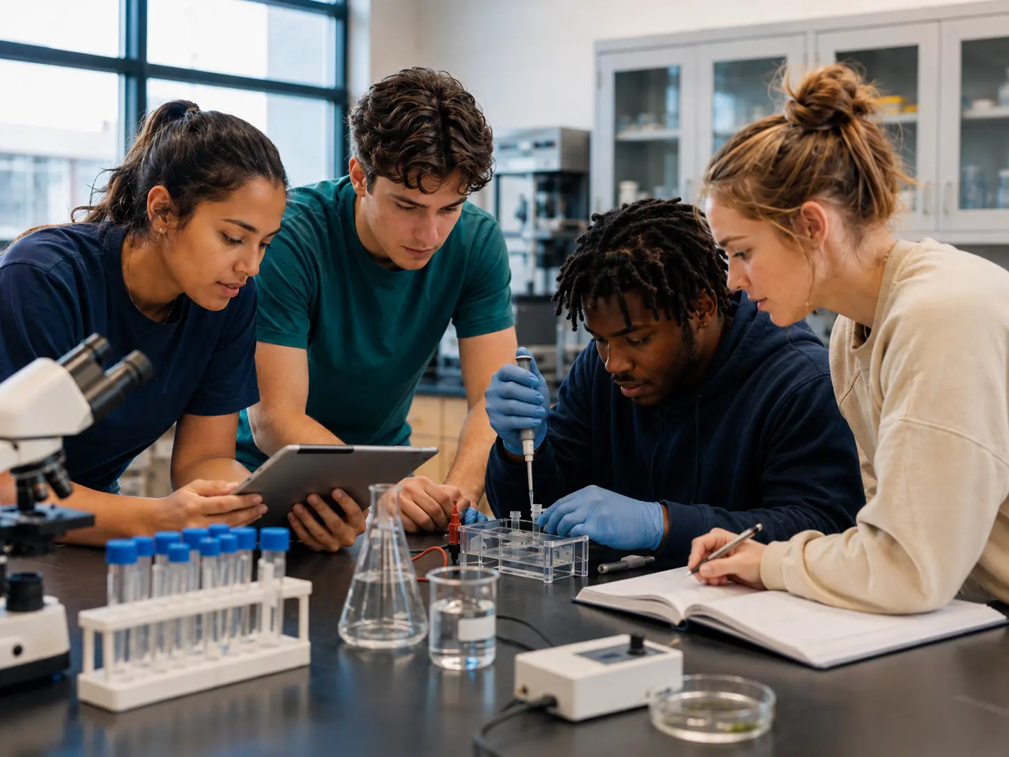 Community-college students collaborating on a science-lab project