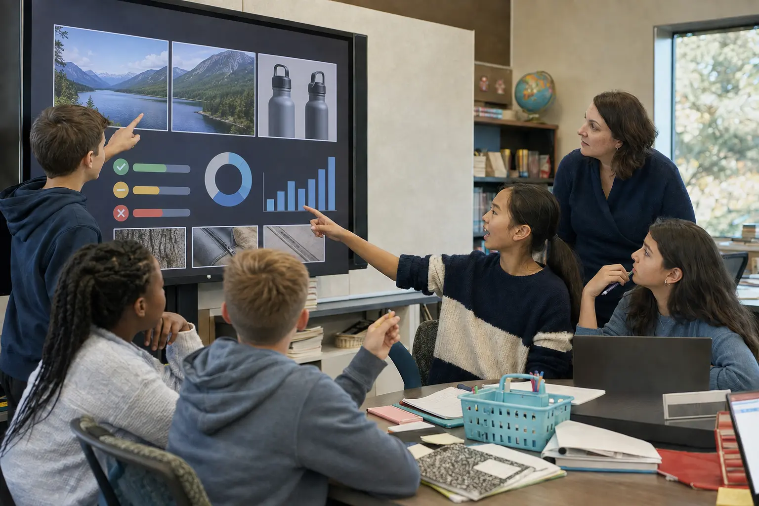 Engaged middle-school students comparing digital evidence with an educator