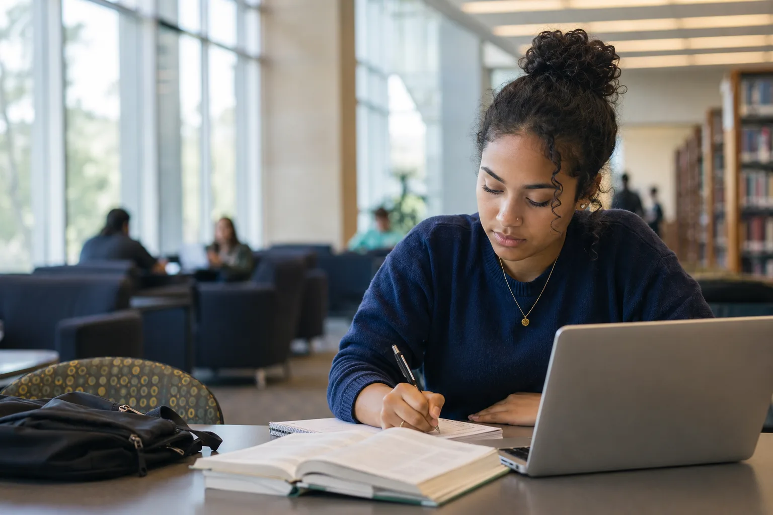 A community-college student studying in a library